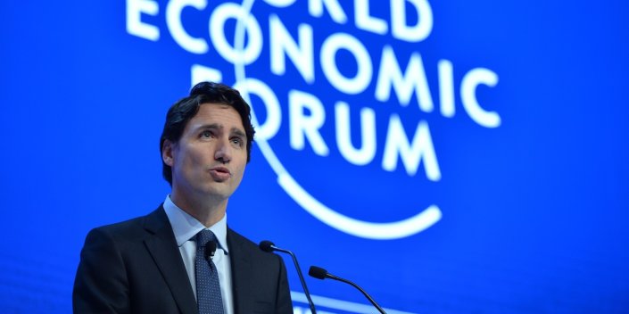 DAVOS, SWITZERLAND - JANUARY 20: Canadian Prime Minister Justin Trudeau delivers a speech during the World Economic Forum, in Davos, Switzerland, on January 20, 2016.  (Photo by Dursun Aydemir/Anadolu Agency/Getty Images)